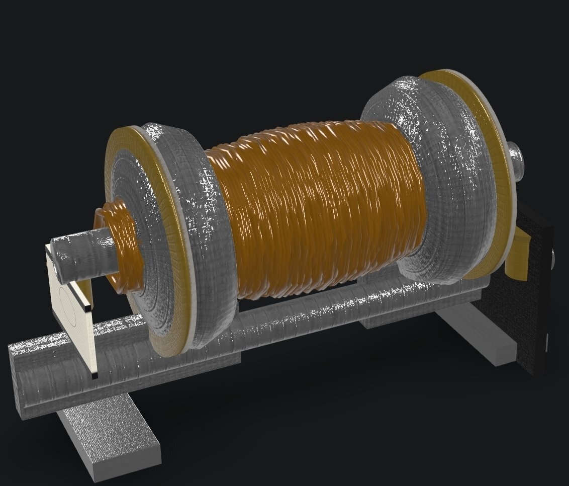 Катушка с медной обмоткой на станине — 3D-рендер